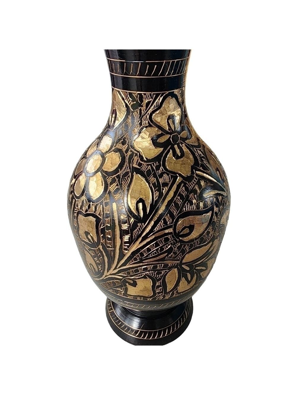 Vintage Indian Brass bud vase etched gold black floral design - Picture 7 of 15